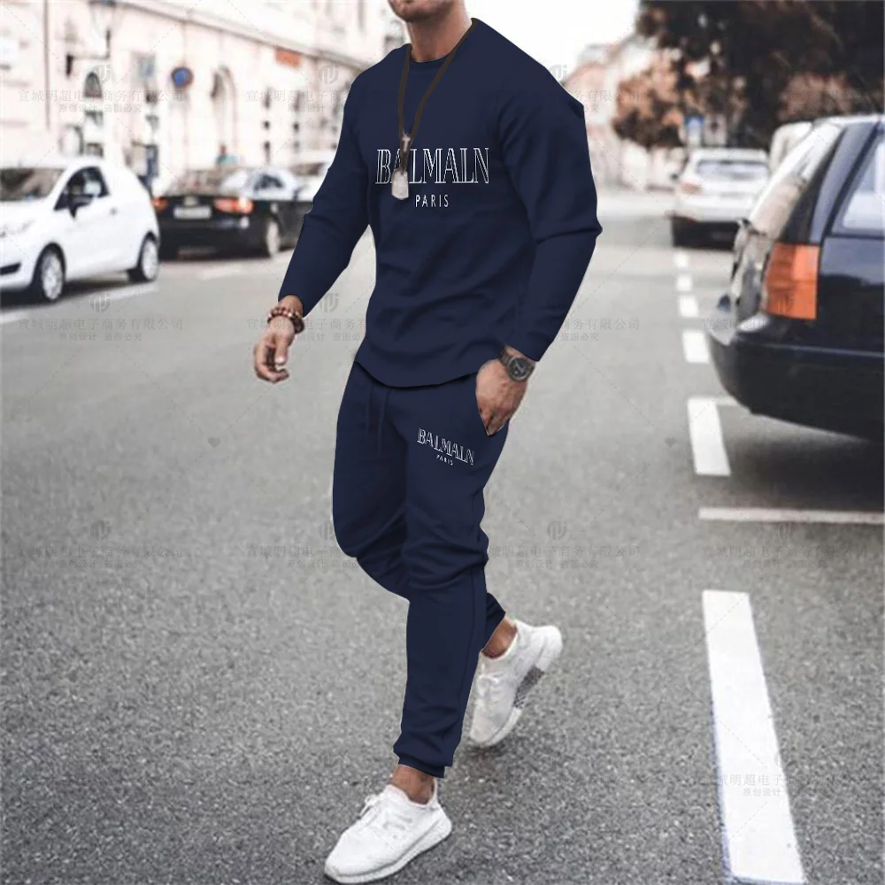 Round Neck Long Sleeve Set Men's Letter Printing Tracksuit Fitness Autumn Winter T-Shirt and Pants Sweatshirt Brand Clothing