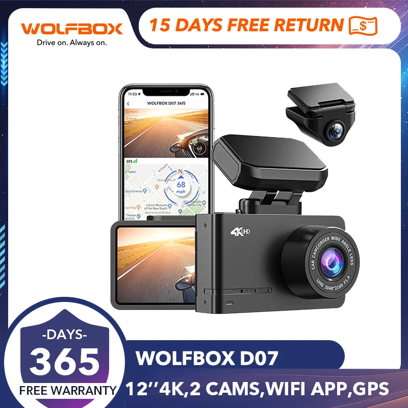 WOLFBOX D07 4K Dash Cam Front and Rear Car Camera