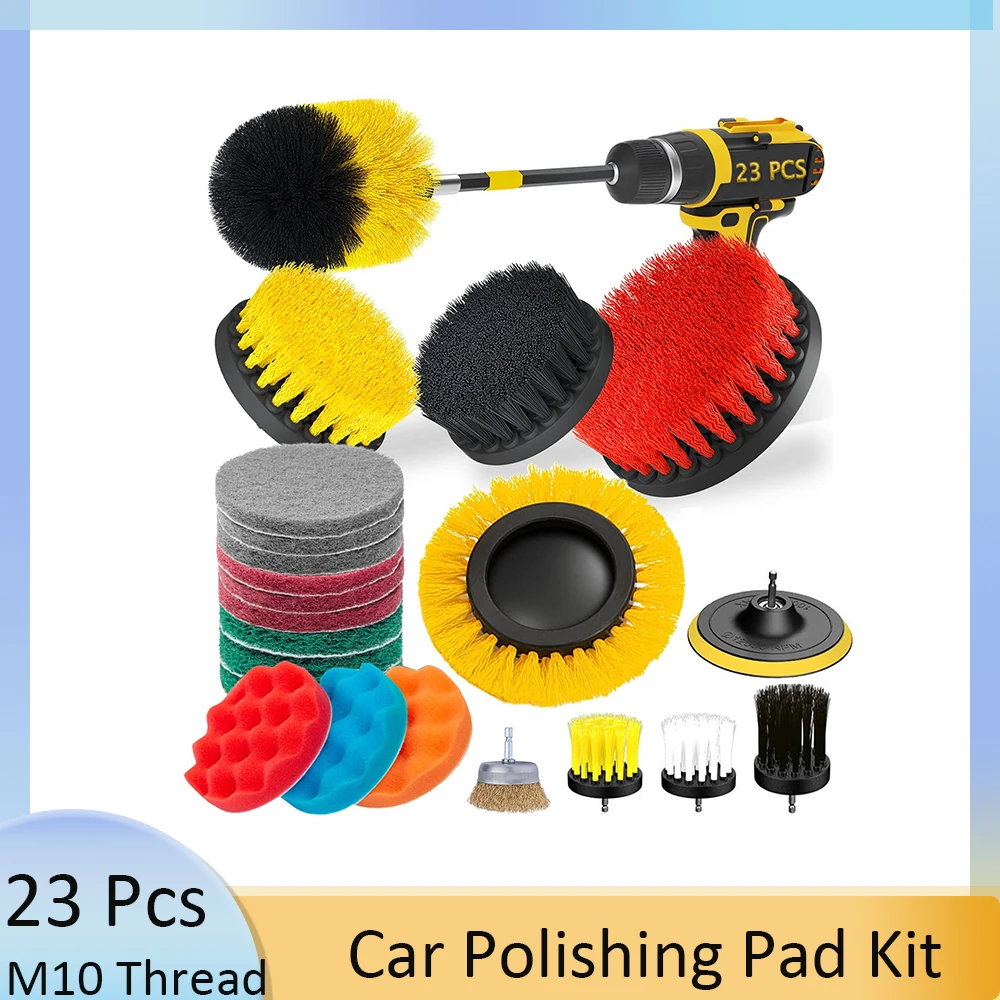 

23 Pcs Cleaning Brush Attachments Set with Scouring pad & Sponge，Buffing Pads and Extend Long Attachment for Drill Car Polishing