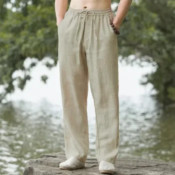 2025 summer men's cotton and linen oversized wide leg pants, men's artistic style elastic waist solid color casual loose pants 1