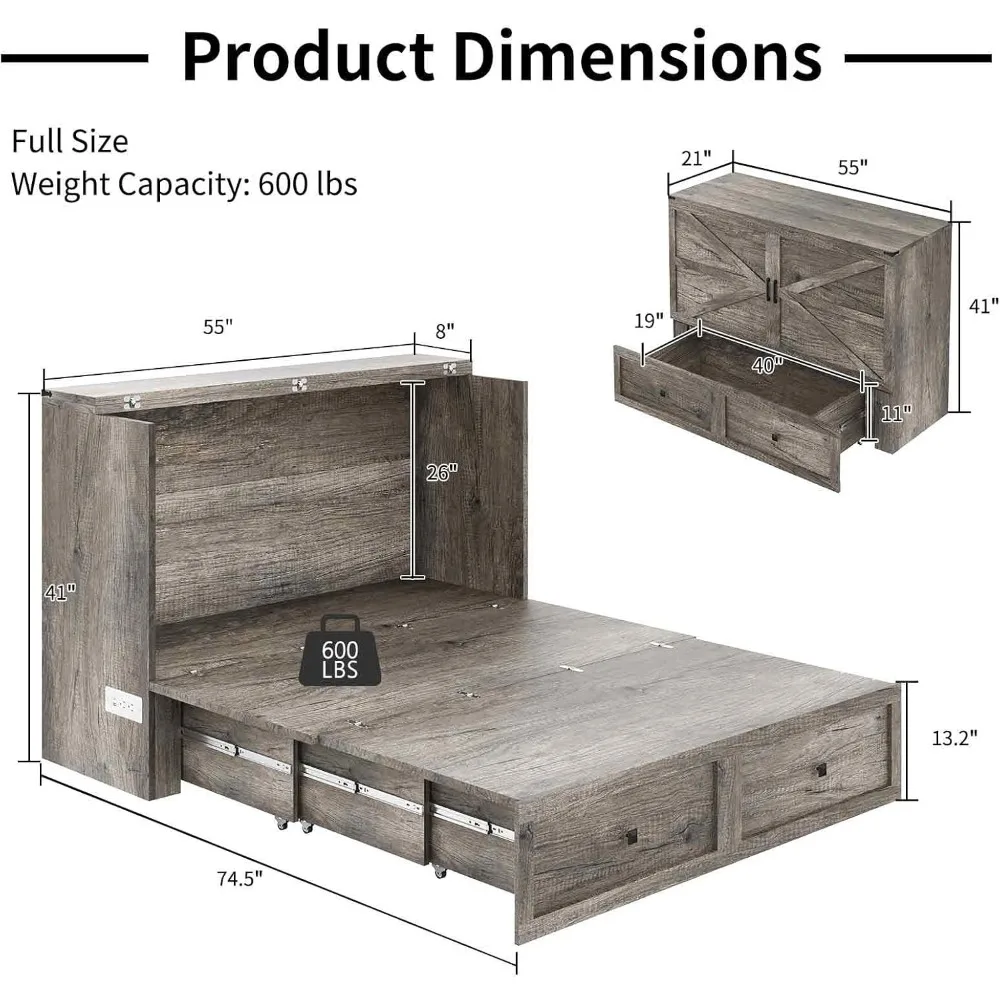 Murphy Bed, Cabinet Bed with Charging Station Large Storage Drawer for Home Office or Room, Hideaway Full Foldable Platform Bed 2