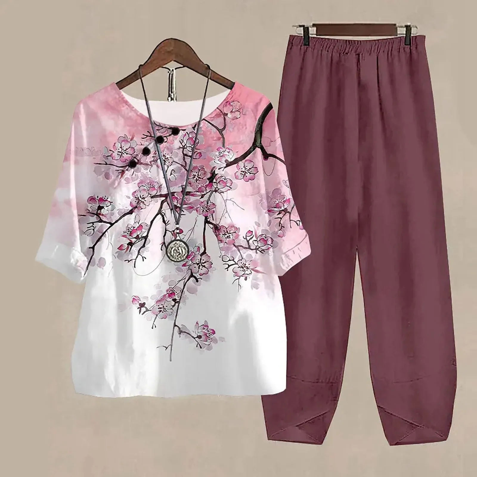 Women Spring And Summer Fashionable And Casual Floral Print Three Quarter Sleeve Trousers Suit Pants Outfits for Women