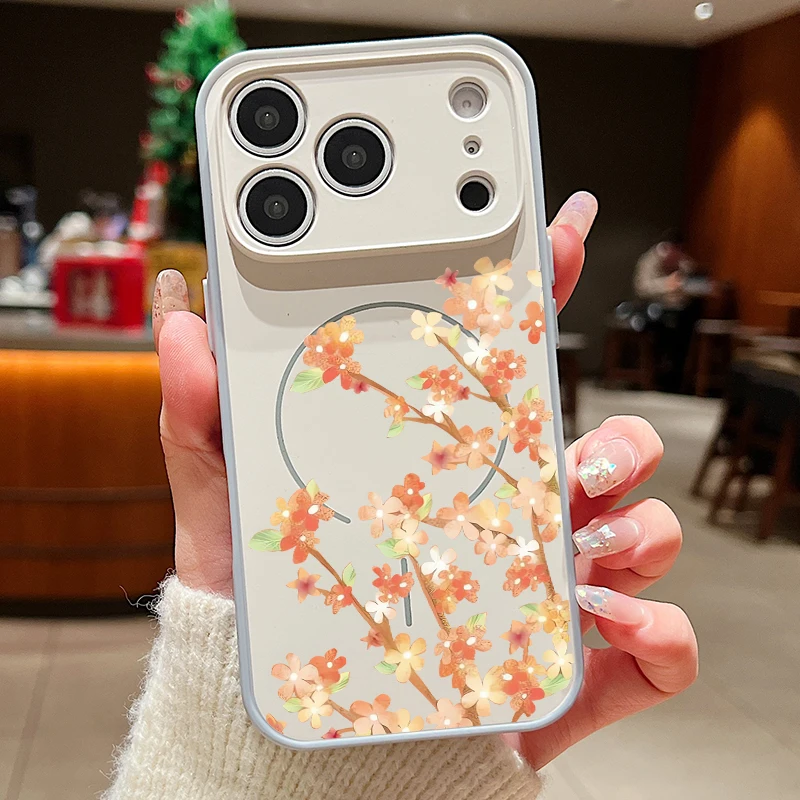 Magnetic Orange Floral Phone Case with Lens Protection & Wireless Charging Compatibility