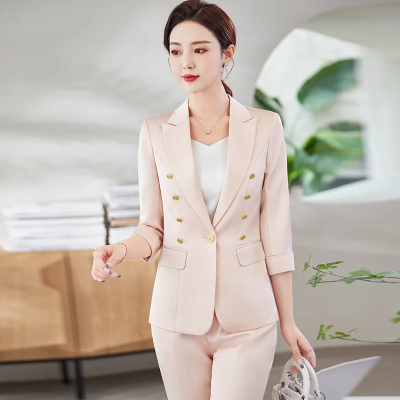 High Quality Fabric Women Formal Professional Business Suits with Pants and Jackets Coat 2023 Spring OL Styles Blazers Pantsuits