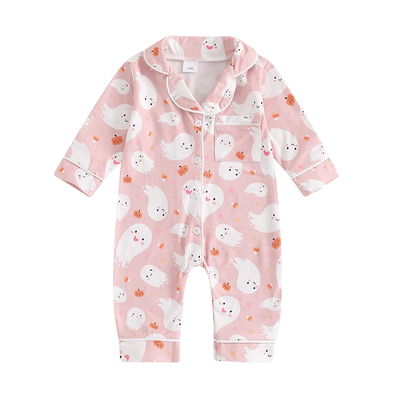 Baby Girl Halloween Sleeping Romper Ghost Pumpkin Print Lapel Long Sleeve Button Down Jumpsuit