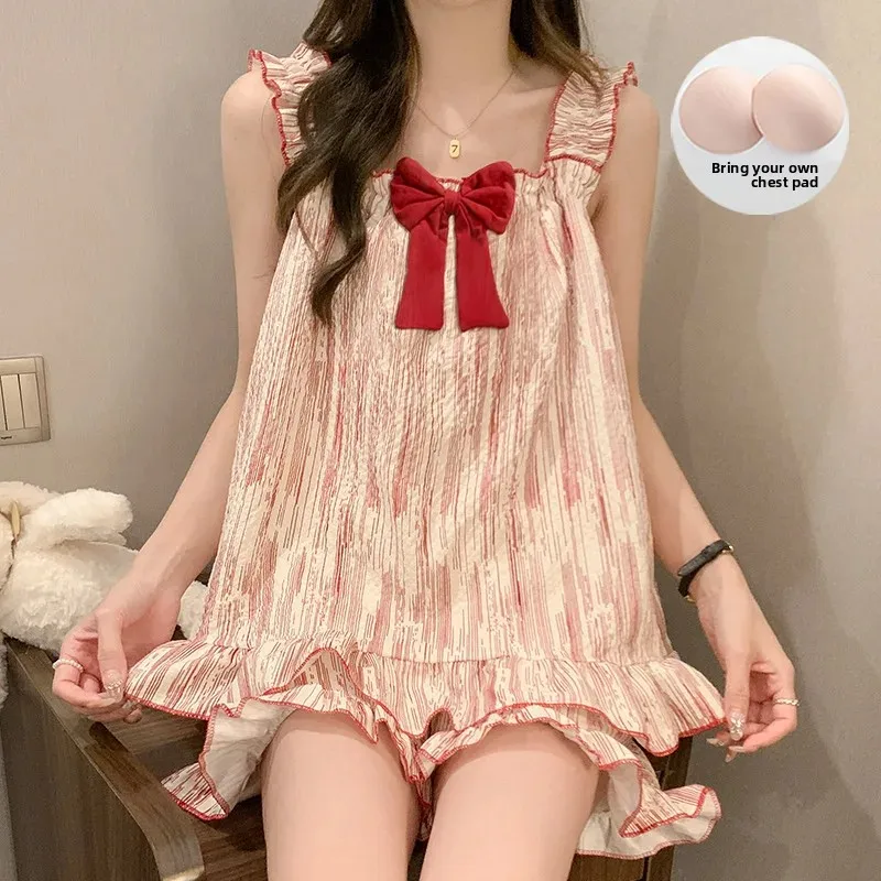 طقم ملابس نوم نسائية صيفية مع وسادة صدر وشريط قطني فقاعي، ملابس منزلية لطيفة على الطراز الريفي يمكن ارتداؤها في الخارج