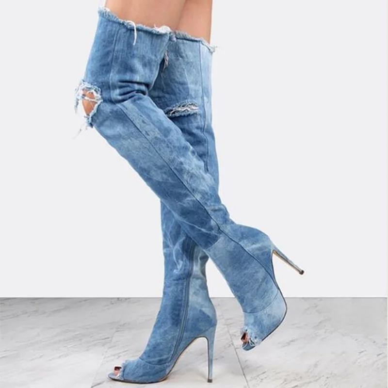 

Pipped Denim Peep Toe Thigh High Heel Boots Blue Jeans Side Zipper Stretch Modern Tall Boots Gladiator Heels Dress Shoes