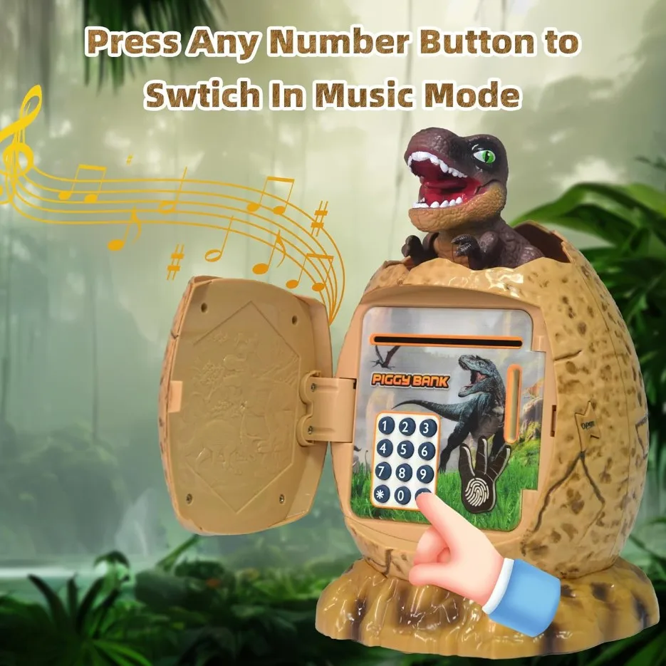 Electronic Dinosaur Egg Piggy Bank Music Lights Password Fingerprint Safe Coin Cash Saving Money Box Kids Toys Bank ATM Gift 2