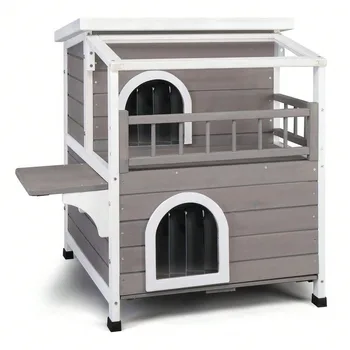 Outdoor Wood 2-Floor Cat Condo Pet House Kitty Shelter With Stairs Balcony 6