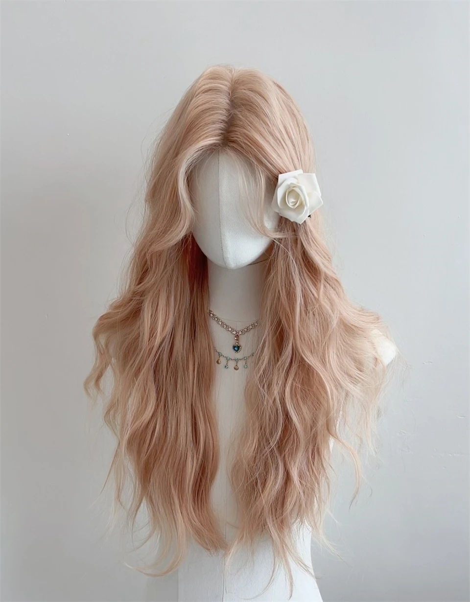Pink Gold Synthetic Long Straight Wig with Bangs for Women