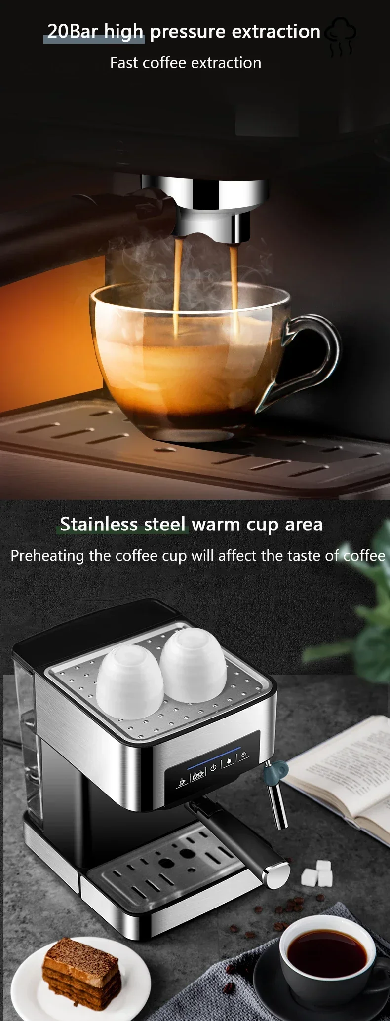 Description Picture 6 of item1.5L Household Coffee Machine Semiautomatic Italian Espresso Coffee Maker 20Bar Pressure Cappuccino Moka Steam Milk Frother