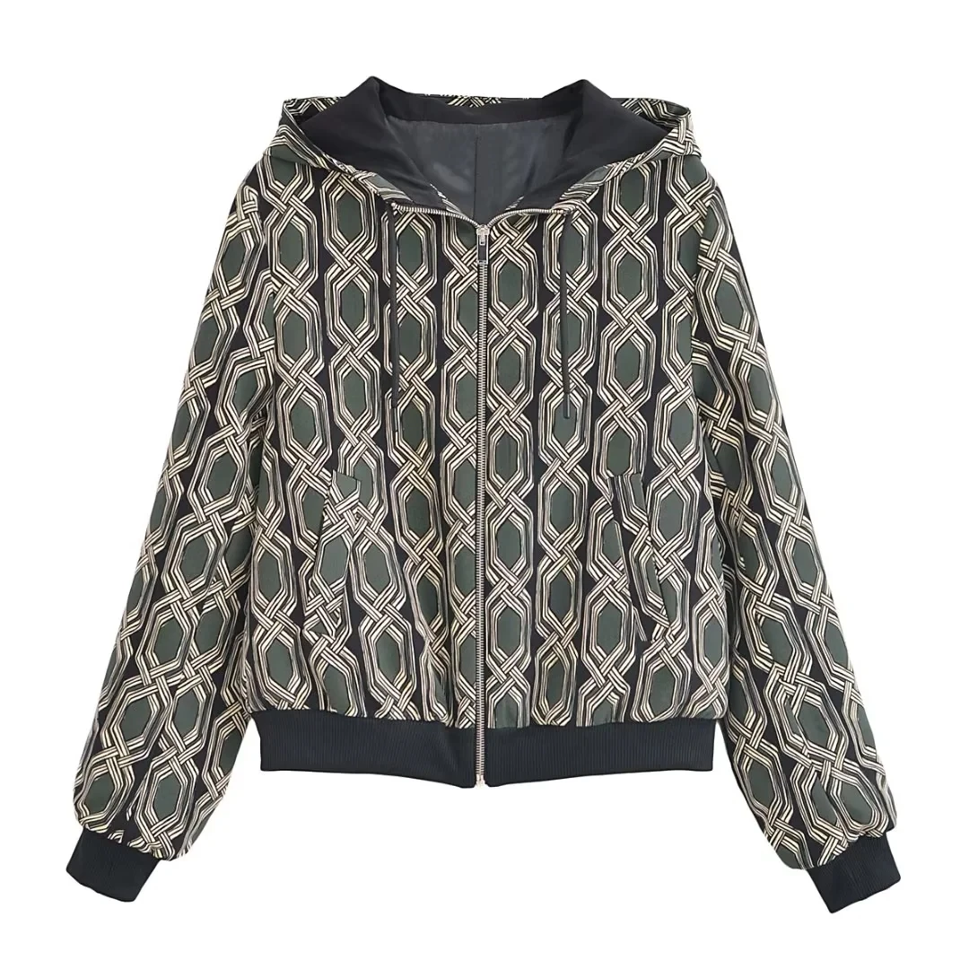 

TRAF Geometric Pattern-Print Bomber Jacket 2023 Autumn Hood Zipper long-Sleeved Jackets Woman's New Fashion Casual Sets Tops