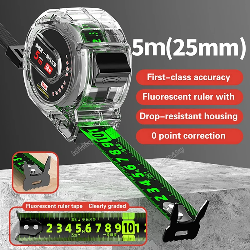 High Precision Laser Inkjet Coding Box Self-Locking Tape Measure Measuring Tools Fluorescent Precise And Clear Meter Ruler 5M Tape Measure Measuring Tape Measuring Ruler