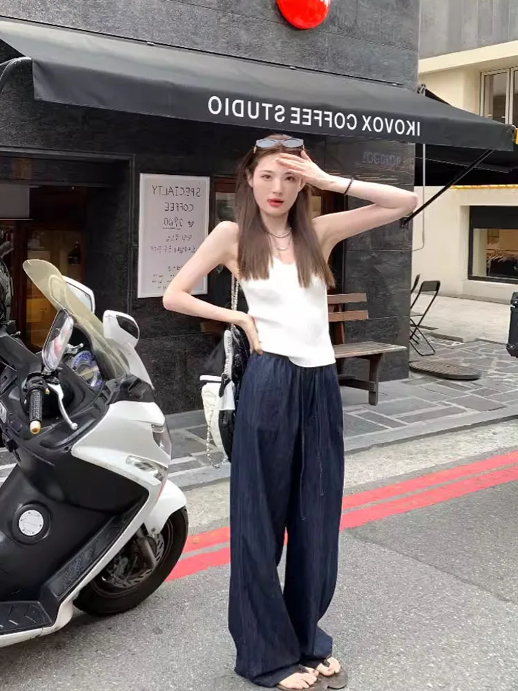 임산부용 청바지 여름용 얇은 실크 통기성 캐주얼 데님 루즈핏 배 받침 와이드 레그 스트레이트 컷 팬츠 아우터웨어