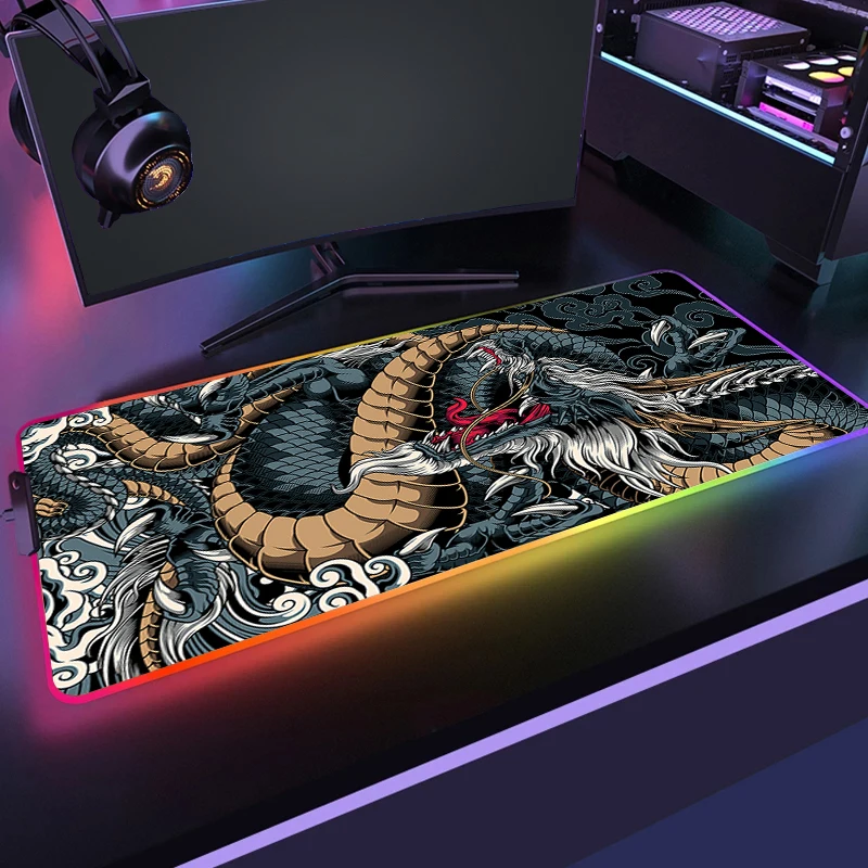 

Large Mouse Pad With Backlight Mousepad XXL Rgb LED Light Gaming Mousepads Japanese Dargon Art Mousemat Anti-slip Soft Desk Mats