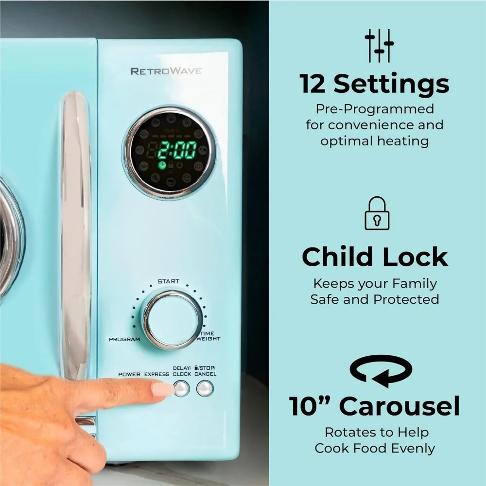 Retro Countertop Microwave Oven 800-Watt 0.9 cu ft 12 Pre-Programmed Cooking Settings Digital Clock Kitchen Appliances