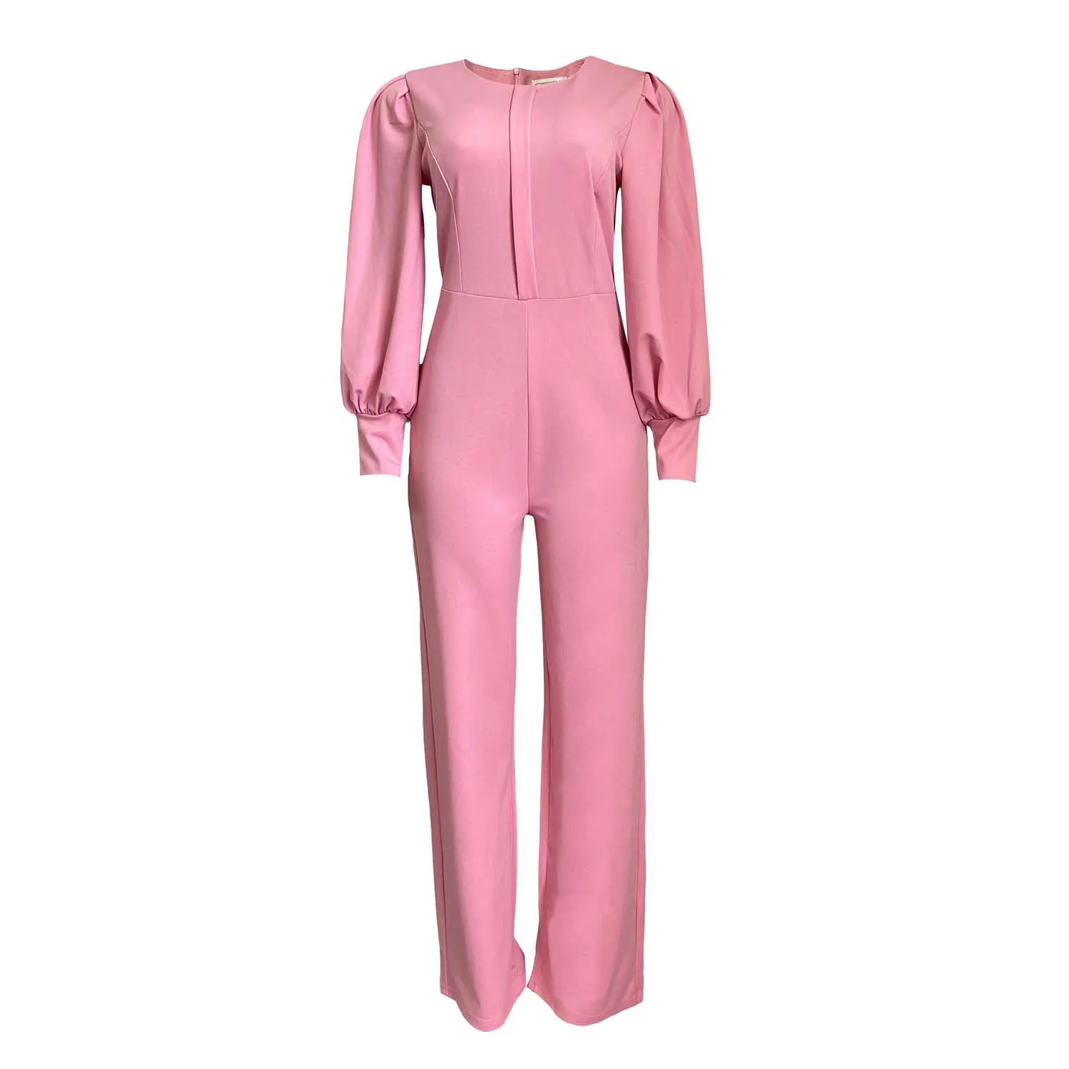Women's Lantern Sleeve Jumpsuit 2023 Spring Fashion Back Zipper Casual Plain Round Neck Long Sleeve Straight Leg Daily Jumpsuit