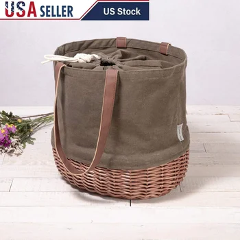 Durable Canvas Tote Bag with Willow Wicker Bottom Stylish Beach Picnic Basket Fully Lined Convenient Grocery Shopping Companion 1