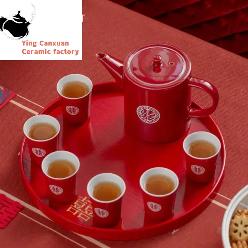 

High-grade Handmade Red Ceramic Tea Set Bamboo Tray Exquisite Teapot Kettle Teacups Household Chinese Wedding Teaware Sets