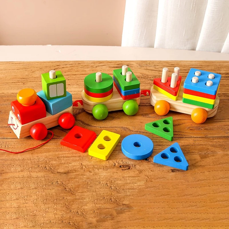 Children's Wooden Building Block Train Toy Shape sorter and Stacking Game for Toddlers Matching Puzzle