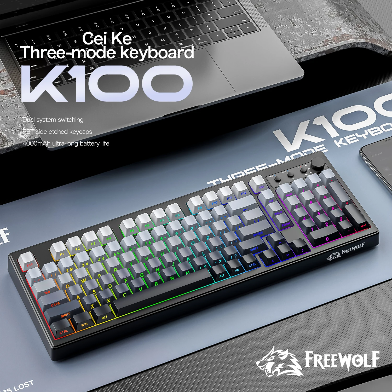 Bàn Phím Không Dây FreeWolf K100 LED RGB, 3 Mode Kết Nối, Pin Sạc 4000mAh, Keycap PBT, Full Size | Việt Nam Bàn Phím Không Dây FreeWolf K100 LED RGB, 3 Mode Kết Nối, Pin Sạc 4000mAh, Keycap PBT, Full Size | Việt Nam