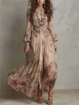 Vintage Floral Print High Waist Pleated Long Dress Woman Elegant O Neck Slim Party Dresses Spring Long Sleeve Boho Holiday Dress 1