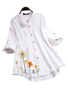 Women's Button Down Round Neck Shirt Classic Long Sleeved Fashion Shirt Floral Pattern Office Work Shirt Blouse 1