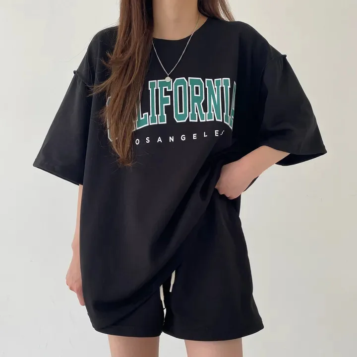 Summer Shorts and T Shirt Set Women Korean Fashion 2 Piece Sets Loose Cotton printed Suit Oversized Women's Tracksuit 2024