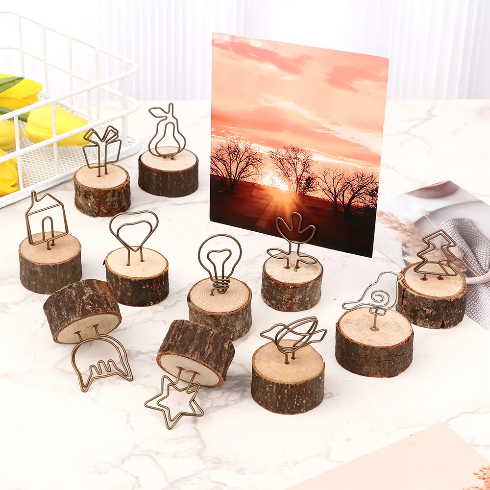 Photo Card Holder Creative Round Iron Wood Clamp Photo Clip Table Number Stand Note Name Card Hanging Decoration 1Pc photo album,photo card holder