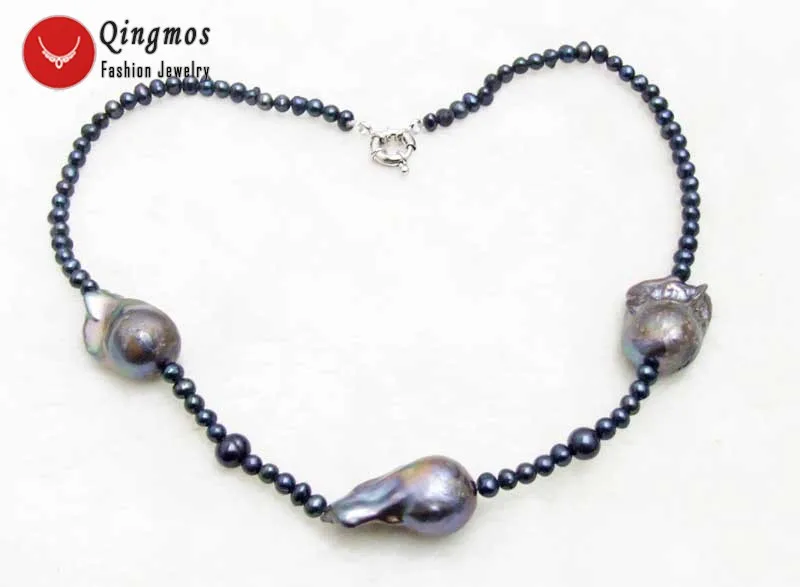 Qingmos 14*25mm Baroque Natural Black Pearl Pendant Necklace for Women with 5mm Black Pearl Pearl Necklace Chokers Jewelry