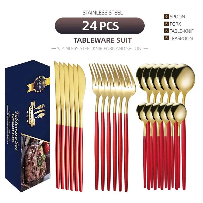 

24 piece stainless steel knife and fork set Portuguese tableware set Golden creative Western food steak knife and fork spoon