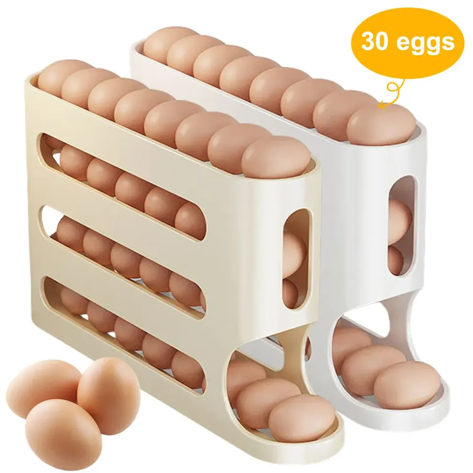 4 Layers Auto-Rolling Egg Dispenser Space-Saving Automatic Scrolling Egg Rack Refrigerator Egg Storage Box for Fridge Countertop