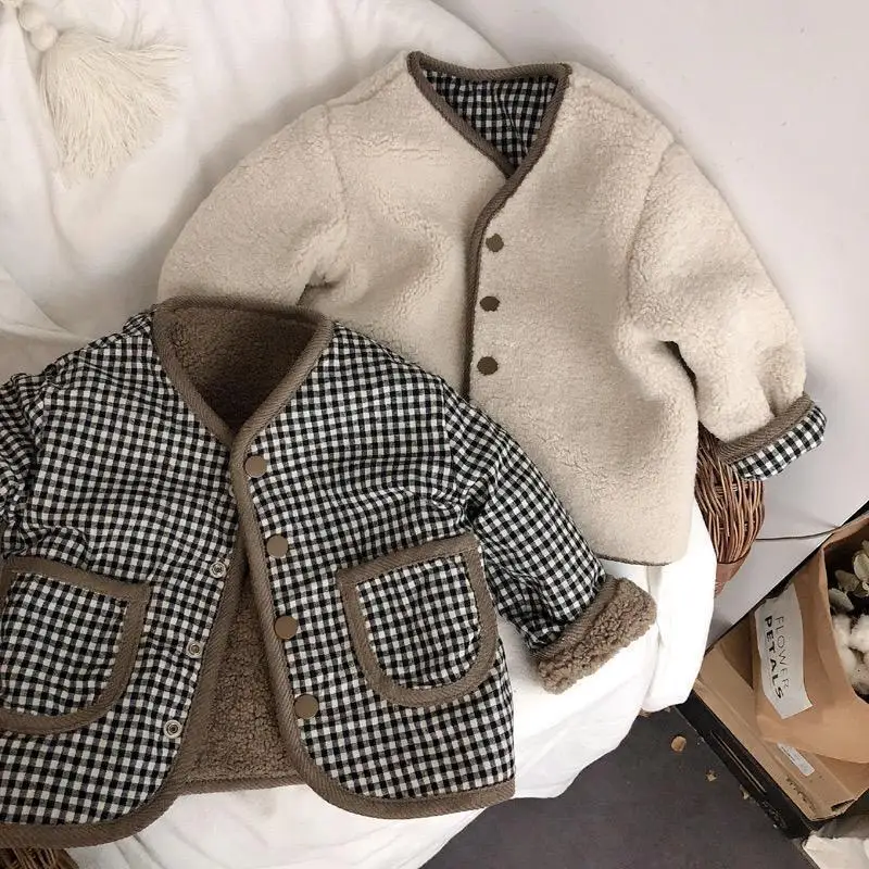 Kids Autumn and Winter Warm Jacket Children's Two Sides Wear Baby Padded Thickened Plaid Jacket Girls Lamb's Wool Plaid Cardigan
