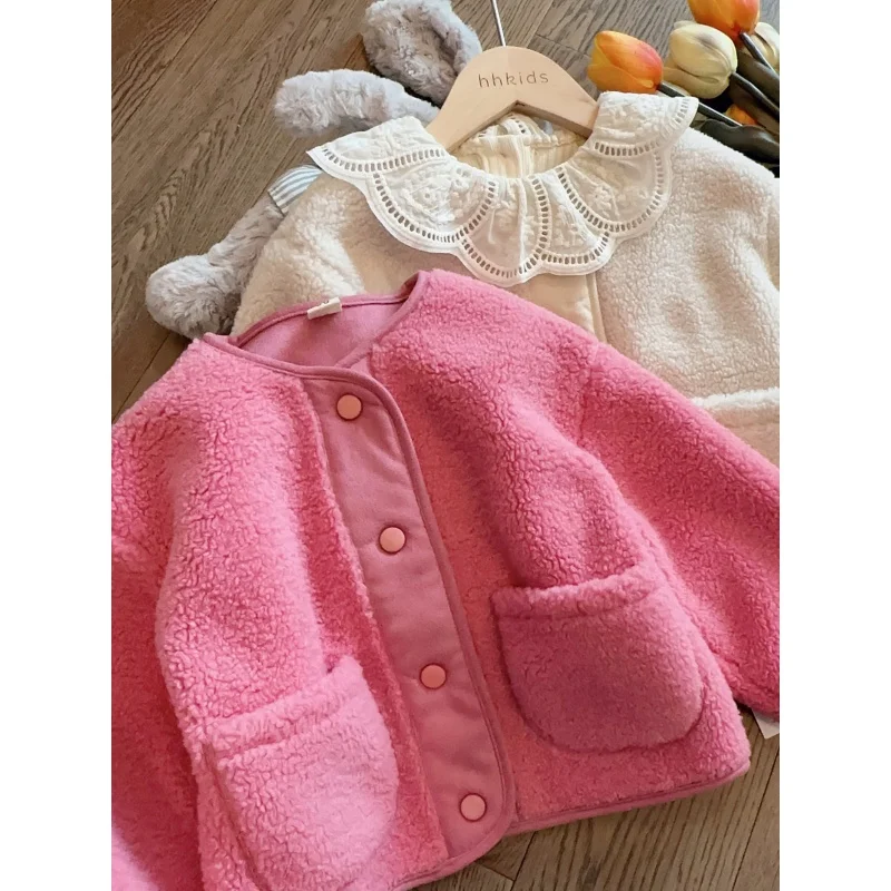 

Girls' Fleece-Lined Coat Autumn and Winter New Children's Winter Warm Top Baby Girl Loose Version Furry Sweater