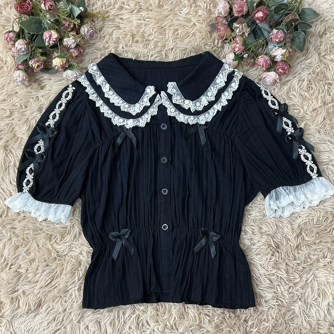 

Sweet Lolita Shirt Women Cotton Short Sleeve Cute Doll Collar Bow Blouse Top Girls High Waist Slimming 2023 Summer Blusas Mujer