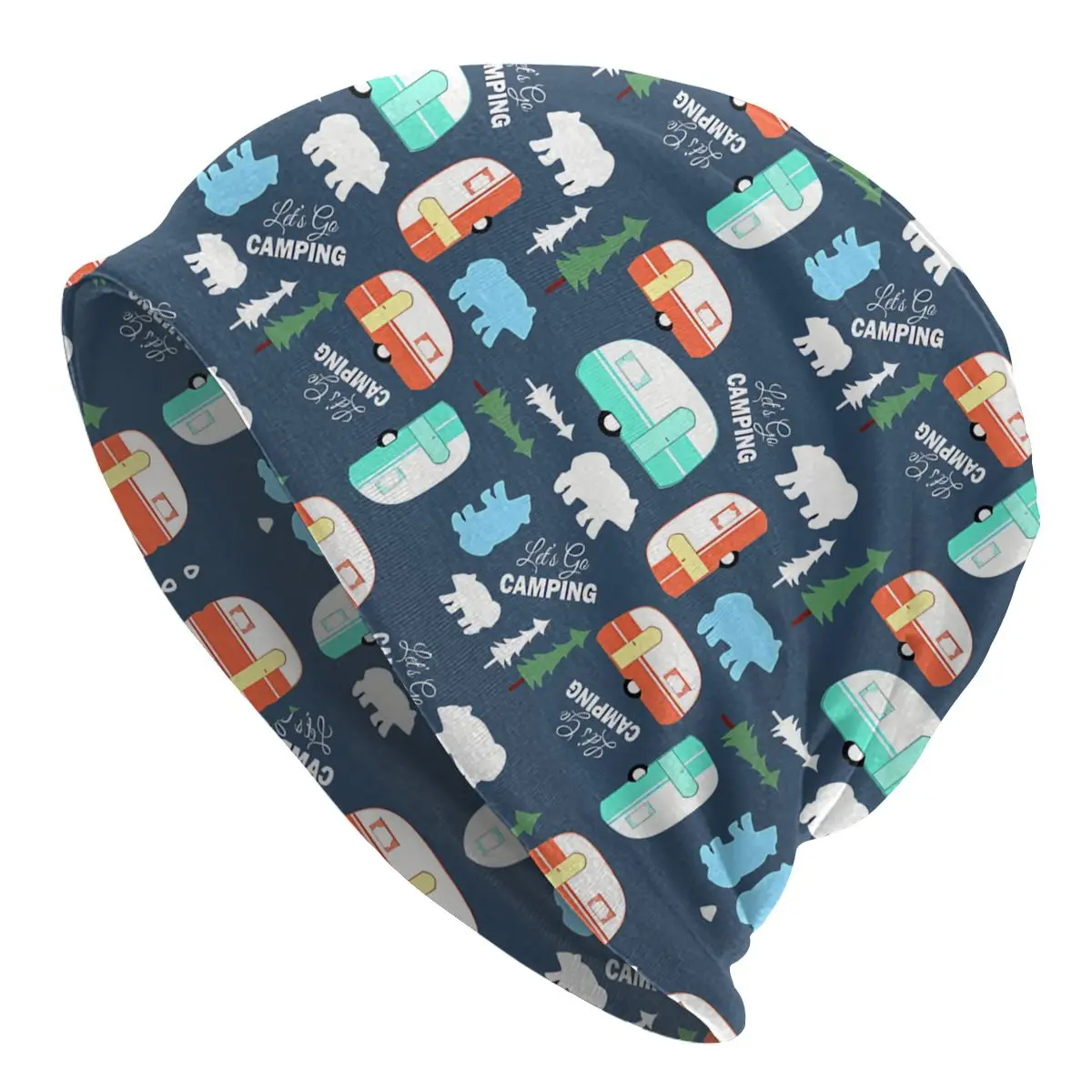 

Let's Go Camping Retro Campers Pattern - Navy Blue Duvet Cover Autumn Female Thin Beanies Double Used Windproof Bonnet Hats