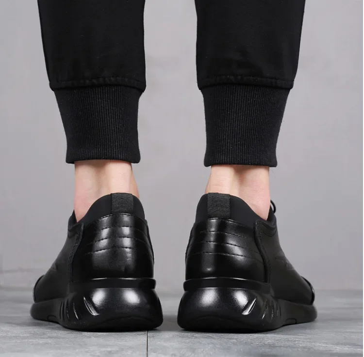 New Men's Vulcanize Shoes Men Casual Shoes Leather Design Shoes Height Increase 8Cm Gym Business Fashion Male Sneakers New Black 5
