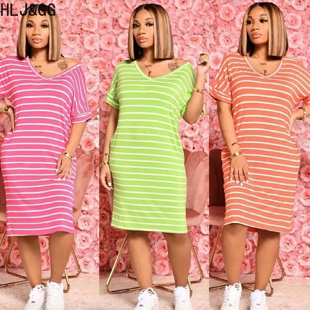 

HLJ&GG Casual Stripe Printing Loose Straight Knee Dress Women V Neck Short Sleeve Comfortable Home Clothing Summer New Vestidos