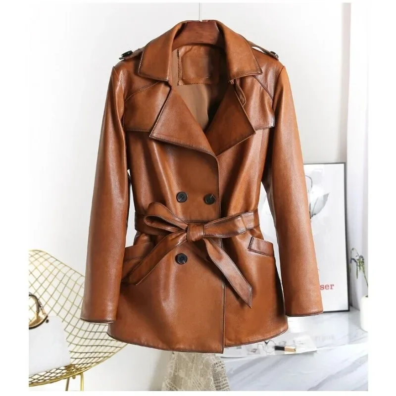 

Women Overcoat Real Leather Trench Coat Belt Wax Tan Long Leather Jacket