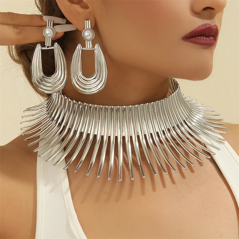 Jewelry Sets Jewelry Set Fashion Jewelry Set Gold Color Metal Big Exaggerated Torque Choker Earrings Set African Punk Gifts