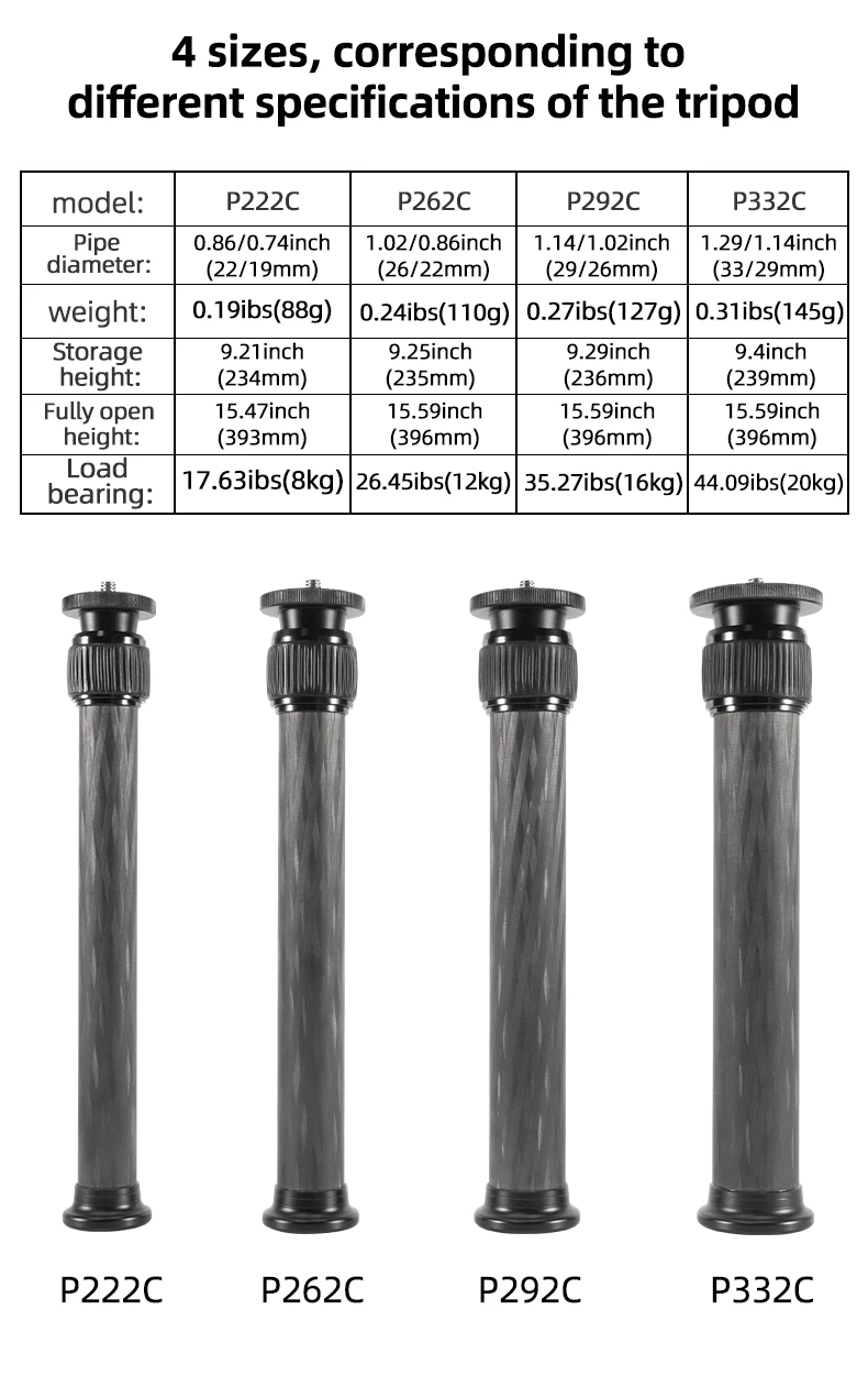 Selfie Stick With 1/4 or 3/8 Screw Tripod Carbon Fiber Central Axis Extension Rod Adjustable Extension Rod for DSLR Cameras