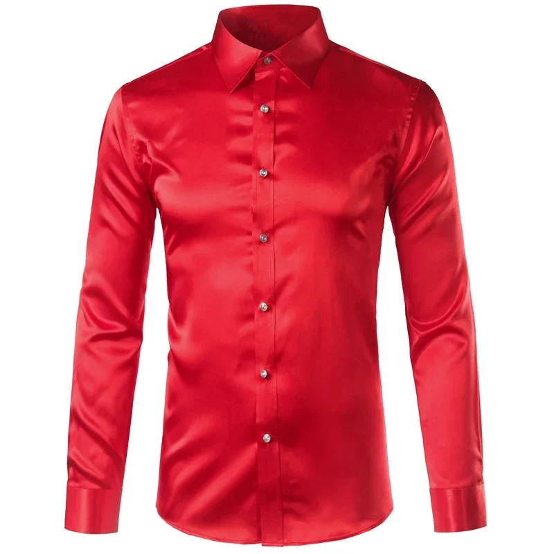 Luxury Shirt Men Silk Satin Smooth Mens Dress Shirts Casual Button Down Suit Shirts Party Ball Wedding Camisa Masculina M-XXXL