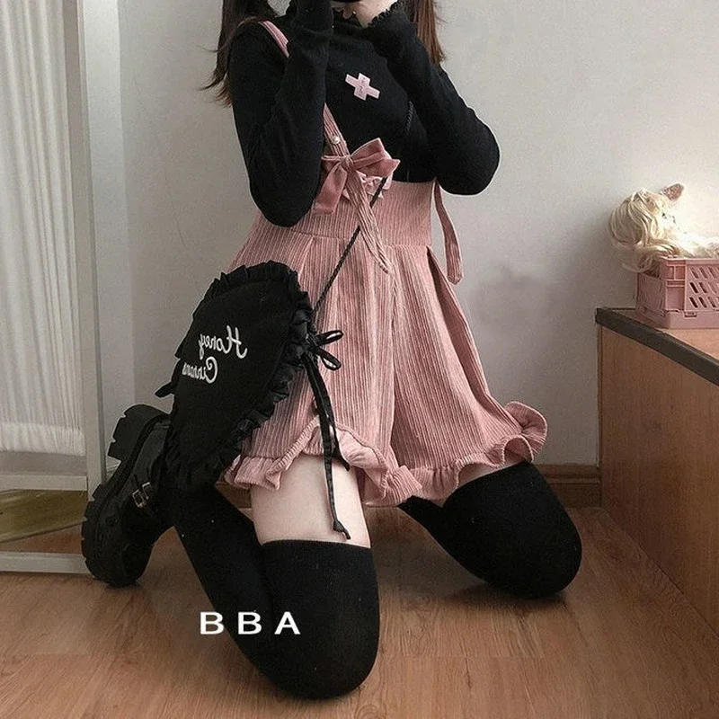 Women Jumpsuit Kawaii Solid Corduroy Jumpsuit Lolita Ruffle Loose Spring Korean Version of Ulzzang Harajuku Casual Soft Clothing