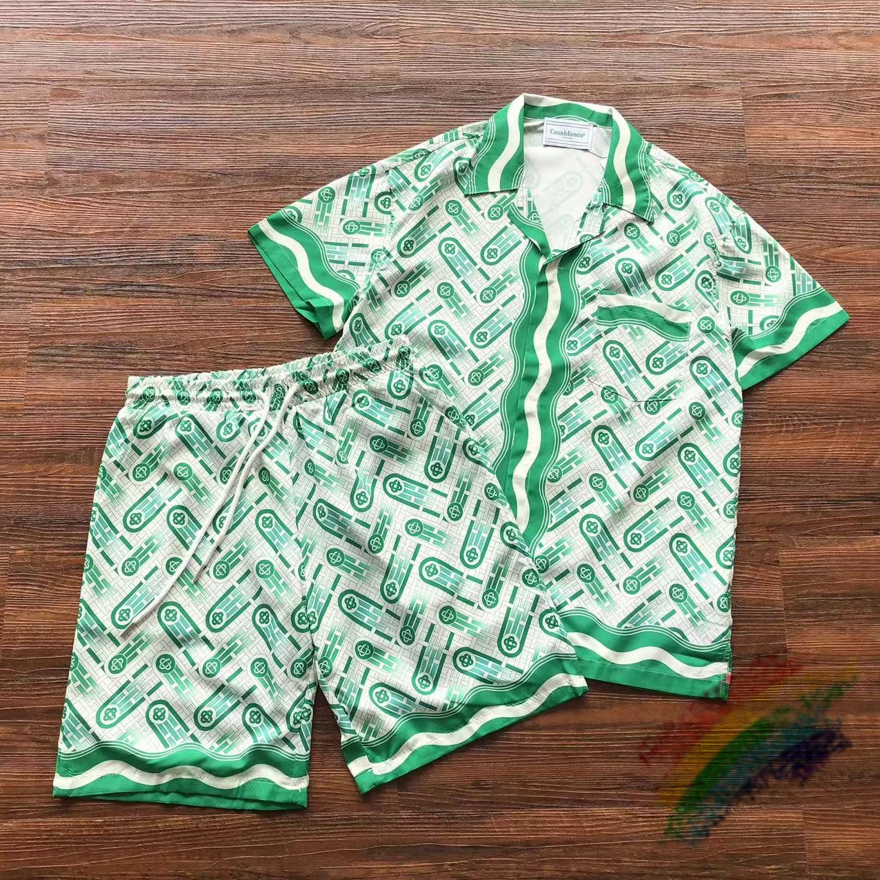

Green Casablanca Shirts Men Women Best Quality Full Logo Print pattern Short Sleeve Top Tee Shirt