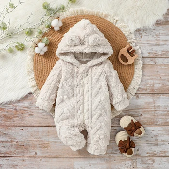Baby Boys Winter Long Sleeve Soild Plush Hoodie Zipper Fashion Jumpsuit For Newborn Warm Clothes 1