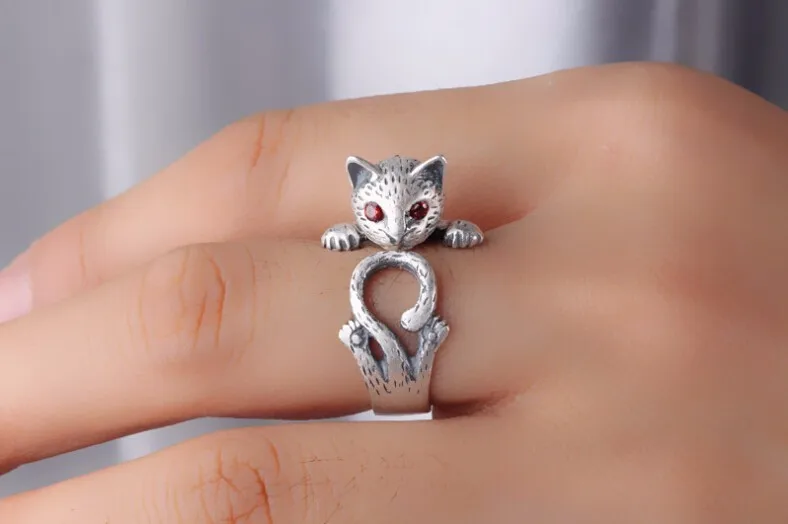 Retro Style Cute Cat Thai Silver 925 Sterling Silver Ladies`adjustable Size Rings Jewelry Gift silver rings silver ring