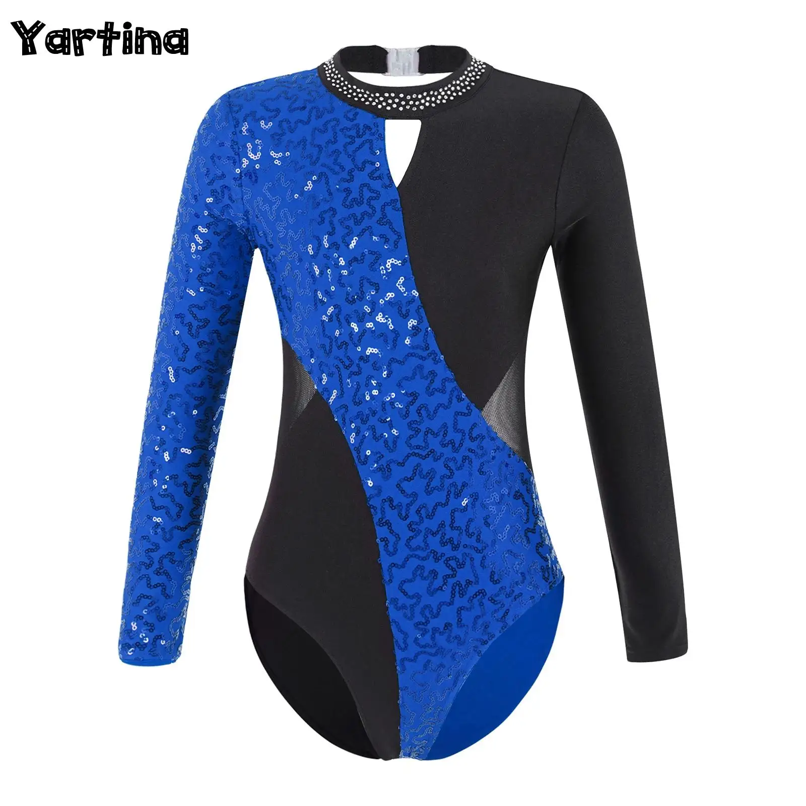 

Детские балетные трико для девочек, танцевальные костюмы для катания на коньках, танцевальные костюмы с длинным рукавом и круглым воротником, танцевальные трико с блестками и вырезами на спине