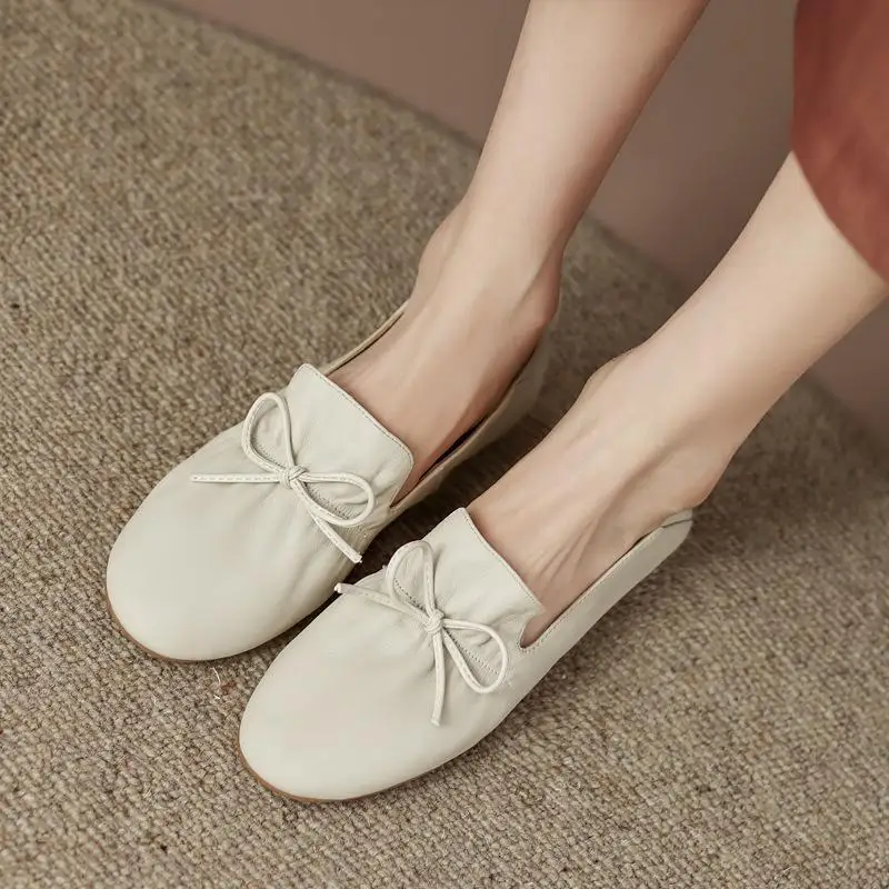 Genuine leather loafers 2024 spring/summer new flat bottomed round toe bow single shoe for women
