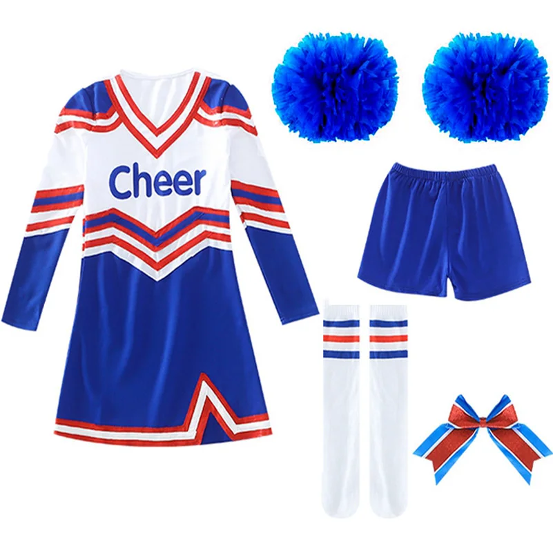 Girls Women Cosplay Costume Cheerleader Outfits V Neckline Letter Print Patchwork Style Dance Dress Cheerlead pompoms Socks