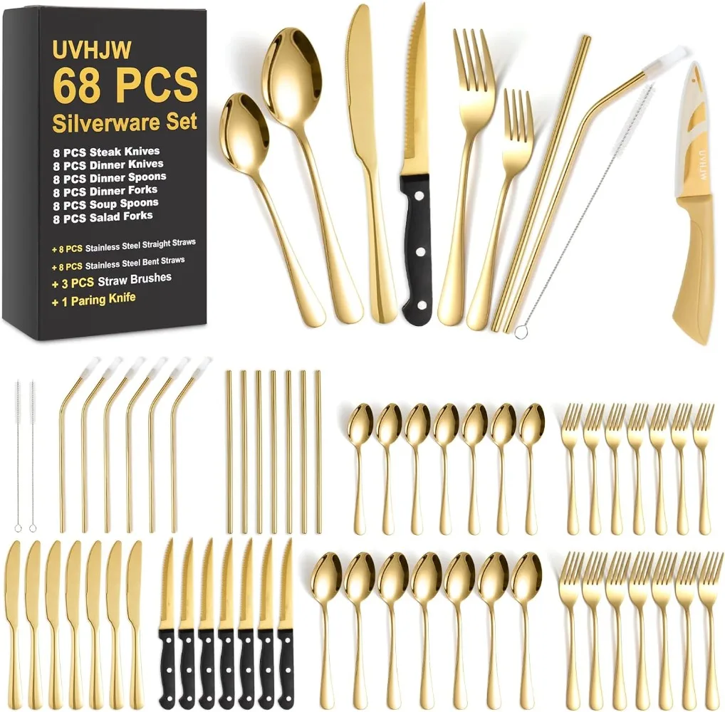 

68-piece Gold Silverware Set with Steak Knife, Service for 8, Stainless Steel flatware Cutlery Set with Metal Straw Drinking